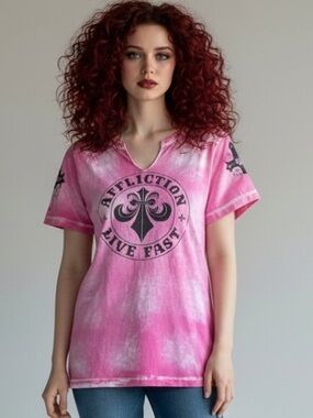 Affliction Live Fast Pink V- neck T- shirt Women’s Size XL